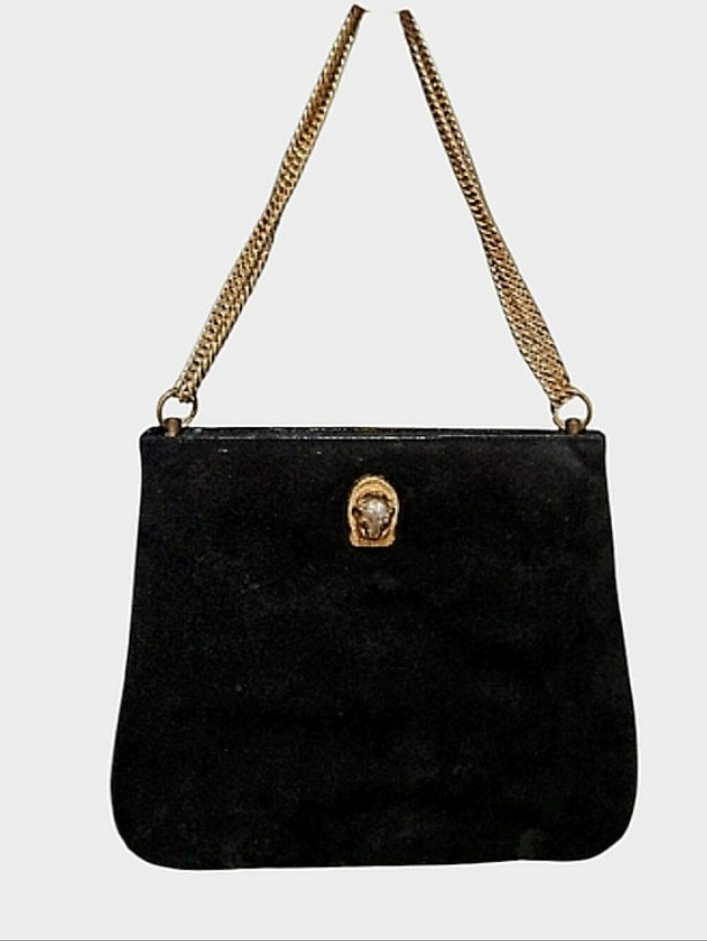 Vintage RUTH SALTZ Black Suede Shoulder Bag |Old Hollywood | Gold Chain Strap.